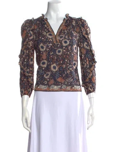 Pre-owned Ulla Johnson Floral Print V-neck Blouse In Blue/brown