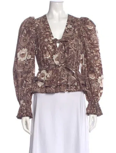 Pre-owned Ulla Johnson Floral Print V-neck Blouse In Brown