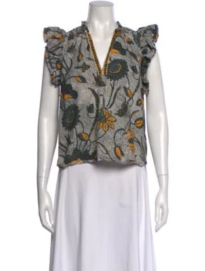 Pre-owned Ulla Johnson Floral Print V-neck Blouse In Gray