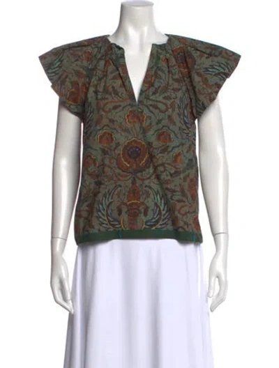 Pre-owned Ulla Johnson Floral Print V-neck Blouse In Green