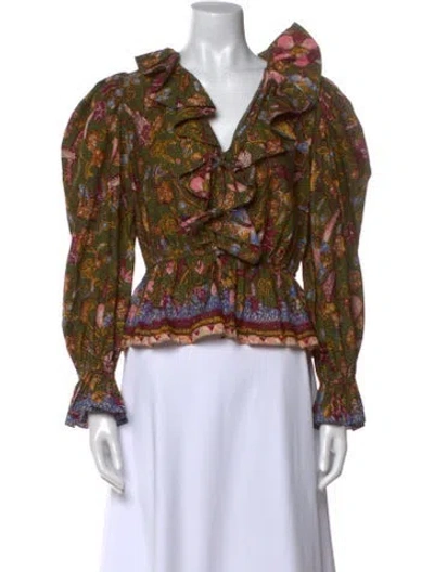 Pre-owned Ulla Johnson Floral Print V-neck Blouse In Green