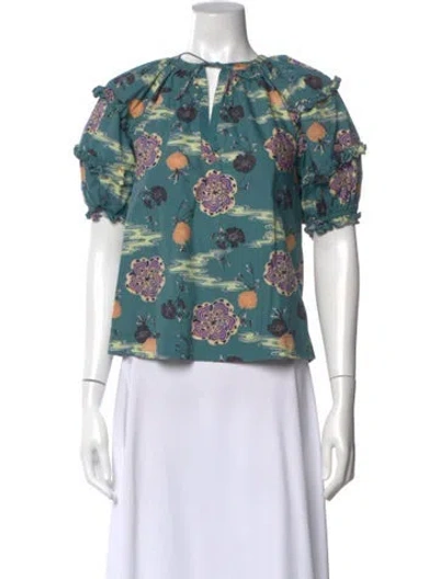 Pre-owned Ulla Johnson Floral Print V-neck Blouse In Green