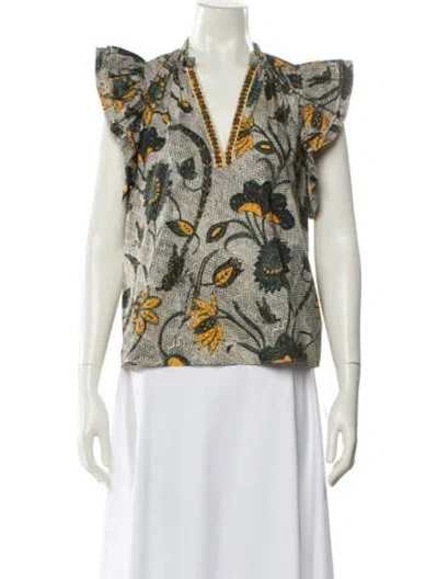 Pre-owned Ulla Johnson Floral Print V-neck Blouse In Green