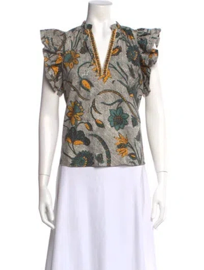 Pre-owned Ulla Johnson Floral Print V-neck Blouse In Green
