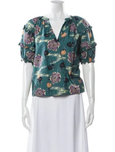 Pre-owned Ulla Johnson Floral Print V-neck Blouse In Green