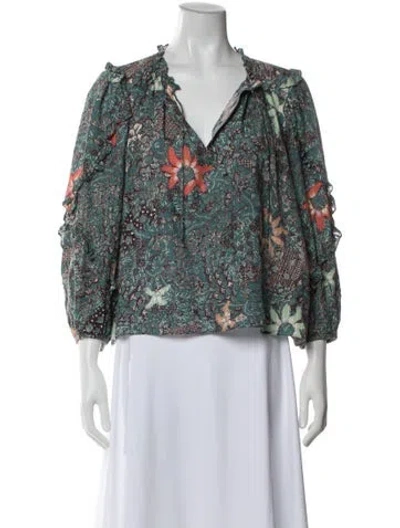 Pre-owned Ulla Johnson Floral Print V-neck Blouse In Green