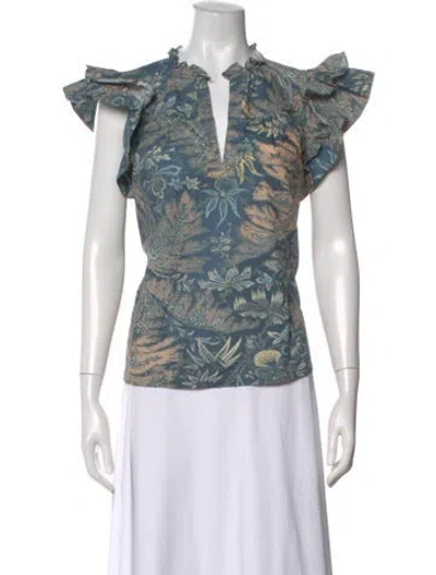Pre-owned Ulla Johnson Floral Print V-neck Blouse In Green