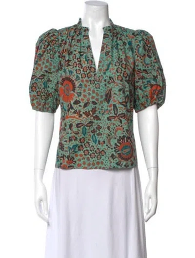 Pre-owned Ulla Johnson Floral Print V-neck Blouse In Green