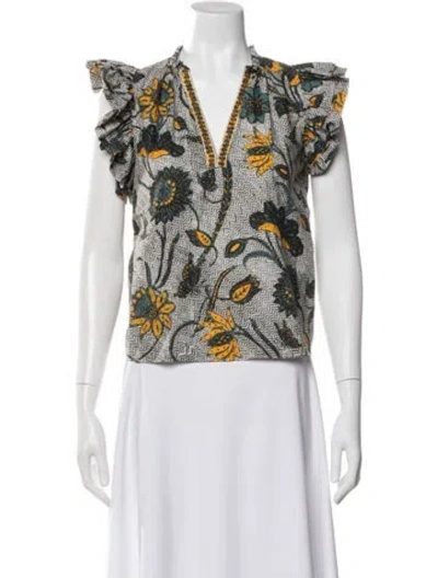 Pre-owned Ulla Johnson Floral Print V-neck Blouse In Green