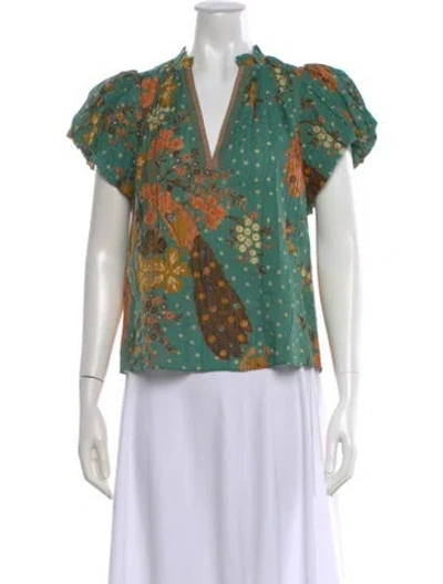 Pre-owned Ulla Johnson Floral Print V-neck Blouse In Green