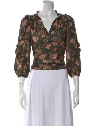 Pre-owned Ulla Johnson Floral Print V-neck Blouse In Green