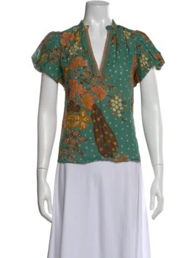 Pre-owned Ulla Johnson Floral Print V-neck Blouse In Green