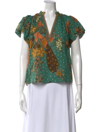 Pre-owned Ulla Johnson Floral Print V-neck Blouse In Green
