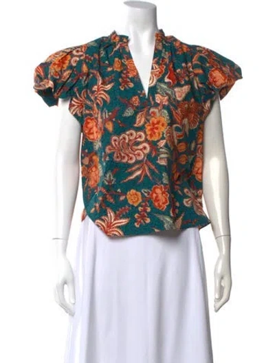 Pre-owned Ulla Johnson Floral Print V-neck Blouse In Green