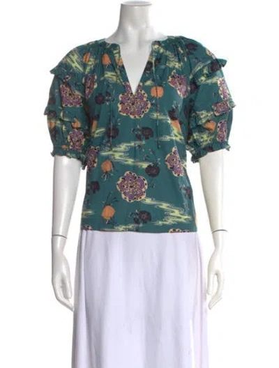 Pre-owned Ulla Johnson Floral Print V-neck Blouse In Green