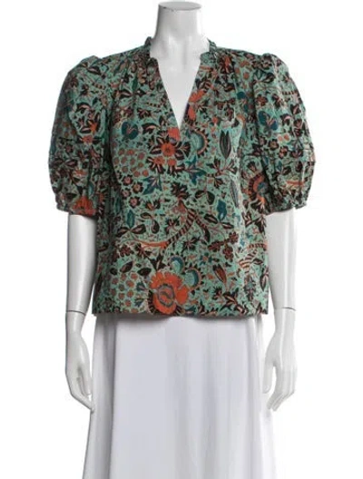 Pre-owned Ulla Johnson Floral Print V-neck Blouse In Green