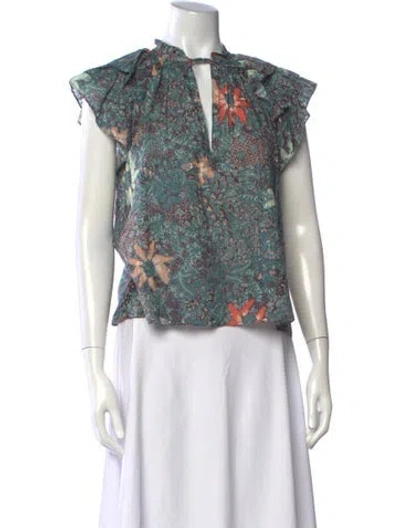 Pre-owned Ulla Johnson Floral Print V-neck Blouse In Green