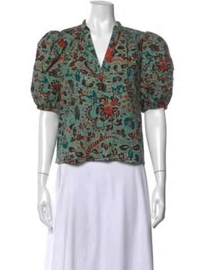 Pre-owned Ulla Johnson Floral Print V-neck Blouse In Green