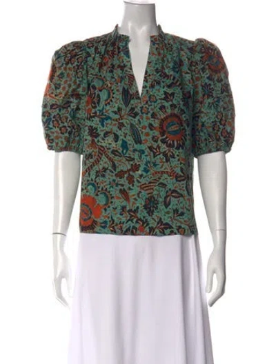 Pre-owned Ulla Johnson Floral Print V-neck Blouse In Green