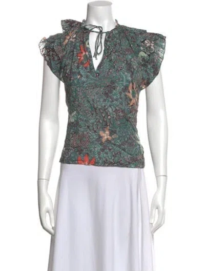 Pre-owned Ulla Johnson Floral Print V-neck Blouse In Green