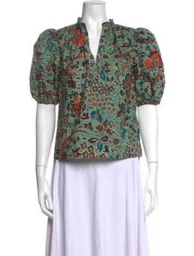 Pre-owned Ulla Johnson Floral Print V-neck Blouse In Green