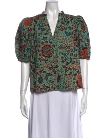 Pre-owned Ulla Johnson Floral Print V-neck Blouse In Green