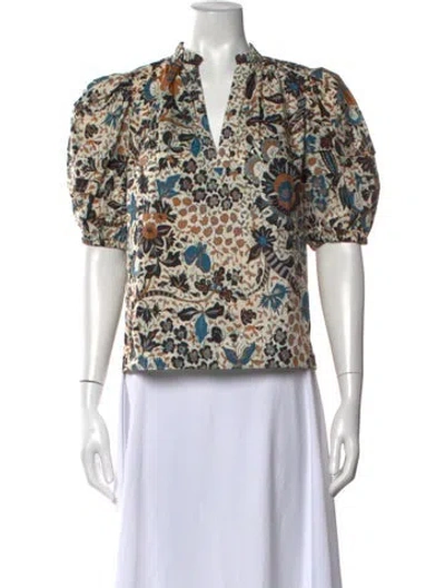 Pre-owned Ulla Johnson Floral Print V-neck Blouse In Neutrals