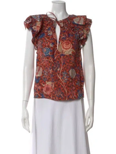 Pre-owned Ulla Johnson Floral Print V-neck Blouse In Orange