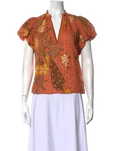 Pre-owned Ulla Johnson Floral Print V-neck Blouse In Orange