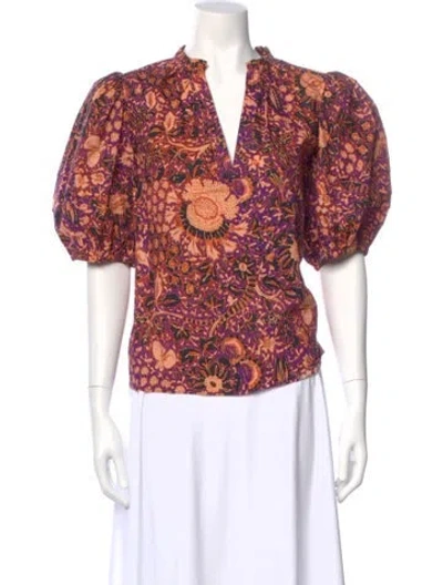 Pre-owned Ulla Johnson Floral Print V-neck Blouse In Purple
