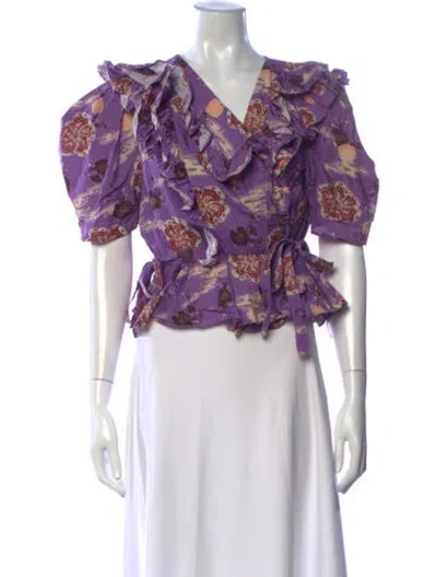 Pre-owned Ulla Johnson Floral Print V-neck Blouse In Purple