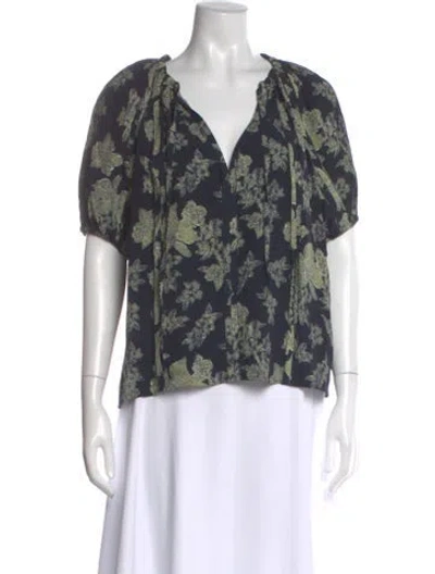 Pre-owned Ulla Johnson Floral Print V-neck Blouse W/ Tags In Blue