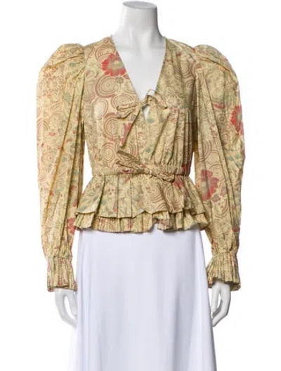 Pre-owned Ulla Johnson Floral Print V-neck Blouse W/ Tags In Neutral
