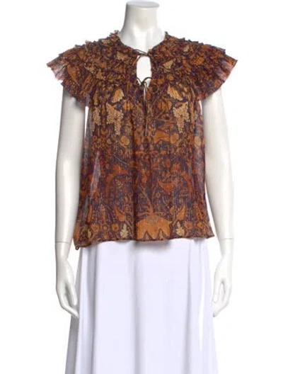 Pre-owned Ulla Johnson Floral Print V-neck Blouse W/ Tags In Orange