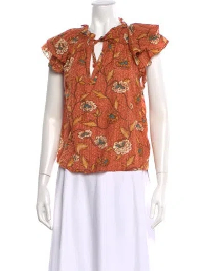Pre-owned Ulla Johnson Floral Print V-neck Blouse W/ Tags In Orange