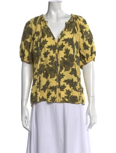 Pre-owned Ulla Johnson Floral Print V-neck Blouse W/ Tags In Yellow