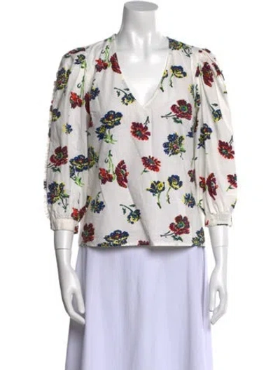Pre-owned Ulla Johnson Floral Print V-neck Blouse In White