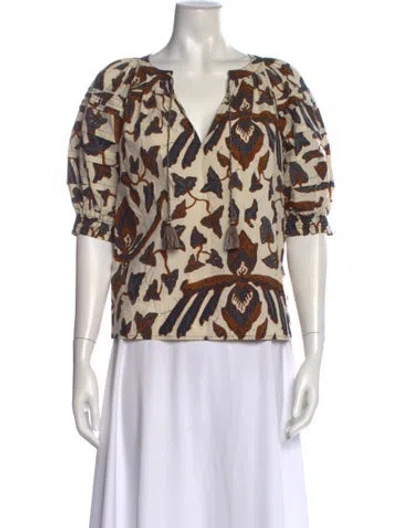 Pre-owned Ulla Johnson Floral Print V-neck Blouse In White