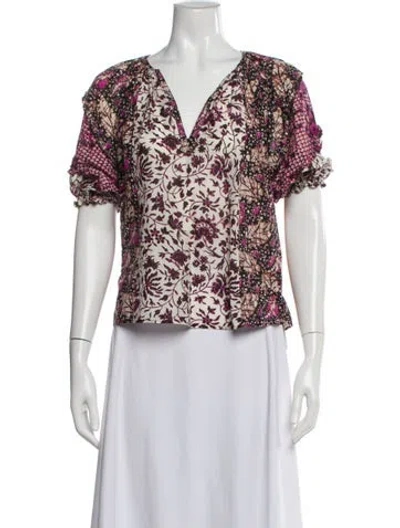 Pre-owned Ulla Johnson Floral Print V-neck Blouse In White