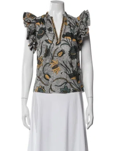 Pre-owned Ulla Johnson Floral Print V-neck Blouse In White
