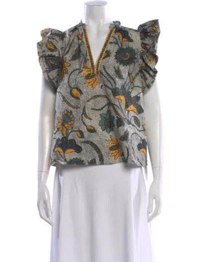 Pre-owned Ulla Johnson Floral Print V-neck Blouse In White