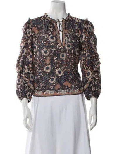 Pre-owned Ulla Johnson Floral Print V-neck Blouse In White