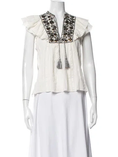 Pre-owned Ulla Johnson Floral Print V-neck Blouse In White