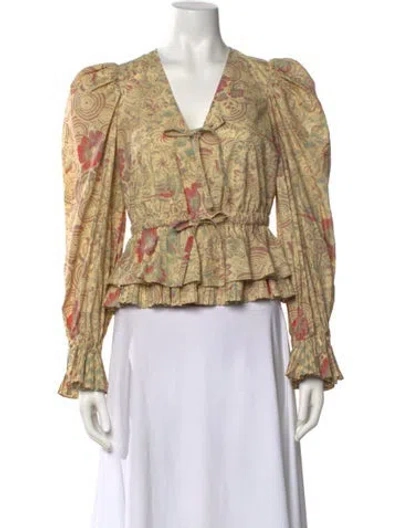 Pre-owned Ulla Johnson Floral Print V-neck Blouse In Yellow
