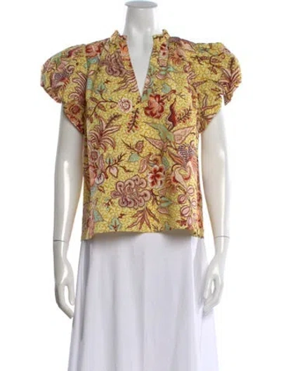 Pre-owned Ulla Johnson Floral Print V-neck Blouse In Yellow