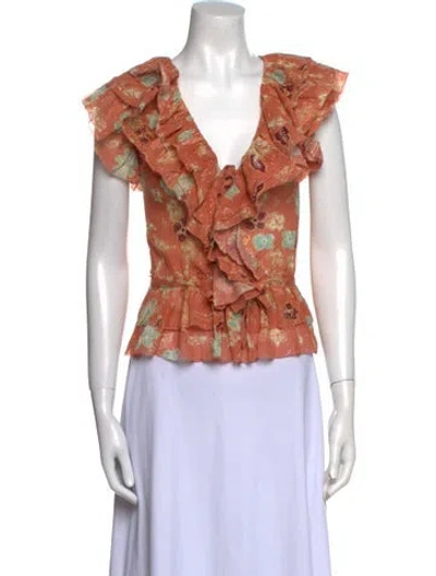 Pre-owned Ulla Johnson Floral Print V-neck Crop Top In Neutral