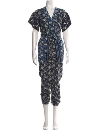 Pre-owned Ulla Johnson Floral Print V-neck Jumpsuit In Blue