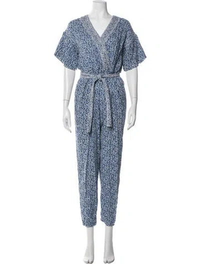 Pre-owned Ulla Johnson Floral Print V-neck Jumpsuit In Blue