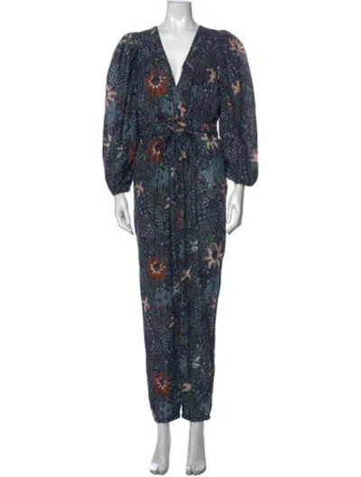 Pre-owned Ulla Johnson Floral Print V-neck Jumpsuit In Blue