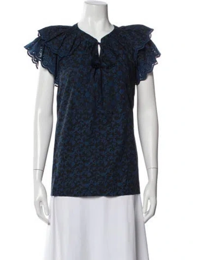 Pre-owned Ulla Johnson Floral Print V-neck Top In Blue